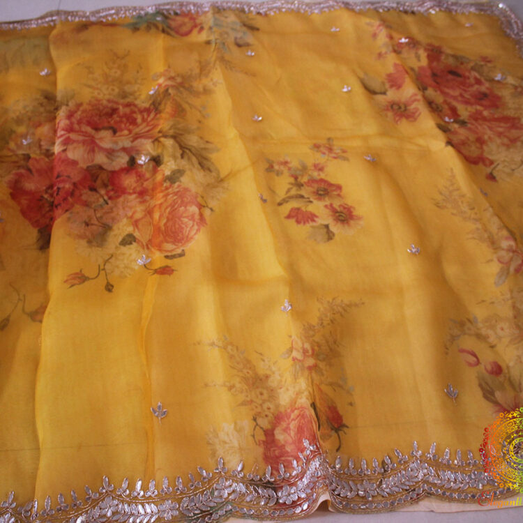 Yellow Floral Pure Organza Gota Patti Handwork Saree