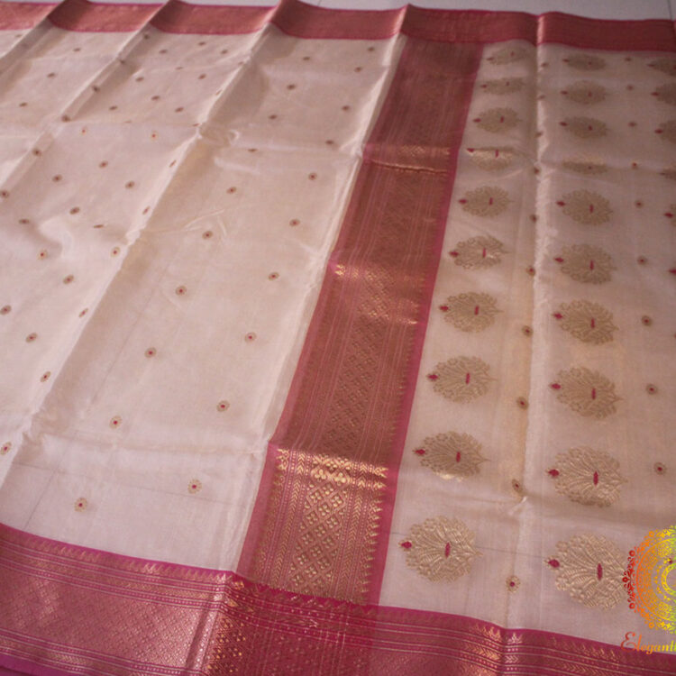 Beige Pink Pure Chanderi Handloom Tissue Silk Saree