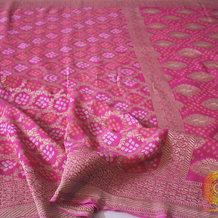 Pink Pure Khaddi Georgette Bandhani Banarasi Saree