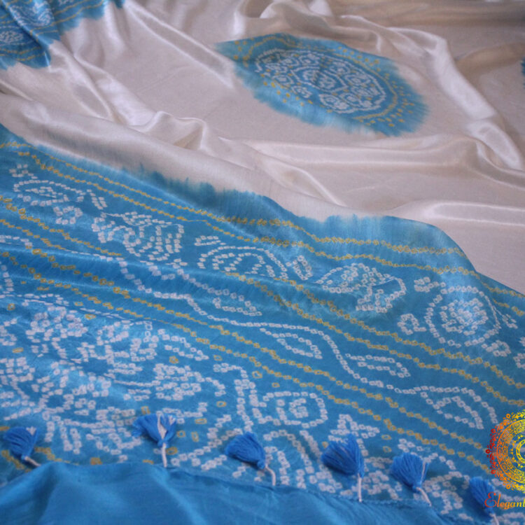 White Blue Pure Gajji Silk Bandhani Saree
