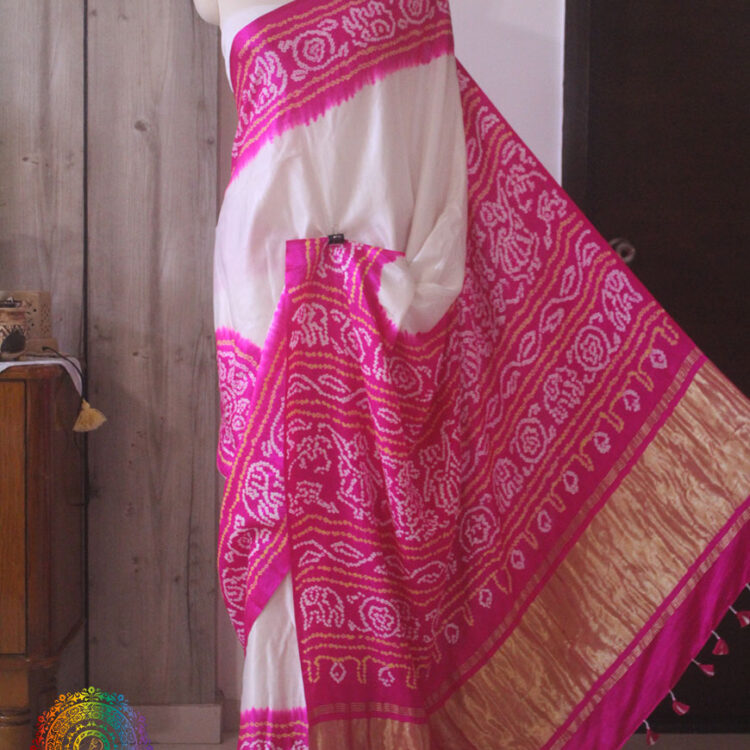 White Pink Pure Gajji Silk Bandhani Saree