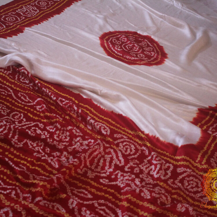 White Red Panetar Pure Gajji Silk Bandhani Saree