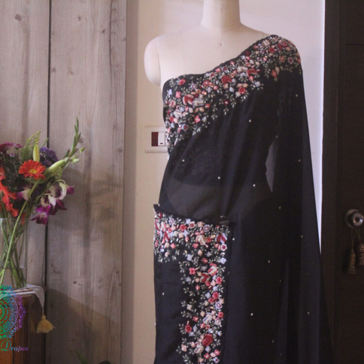 Black Pure Organza Silk Hand Embroidered Saree