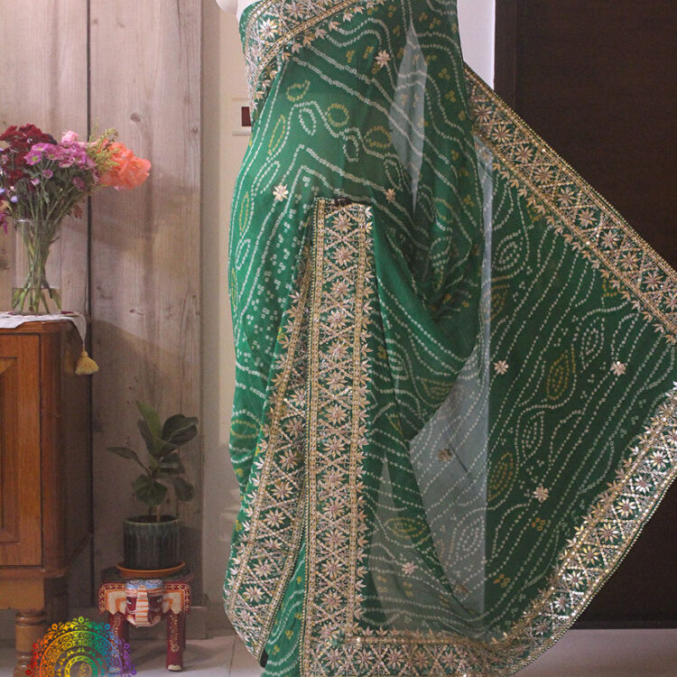 Green Pure Crepe Bandhani Gota Patti Handwork Saree