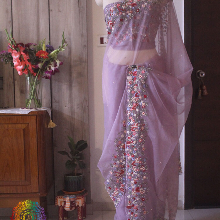Lilac Pure Organza Silk Hand Embroidered Saree