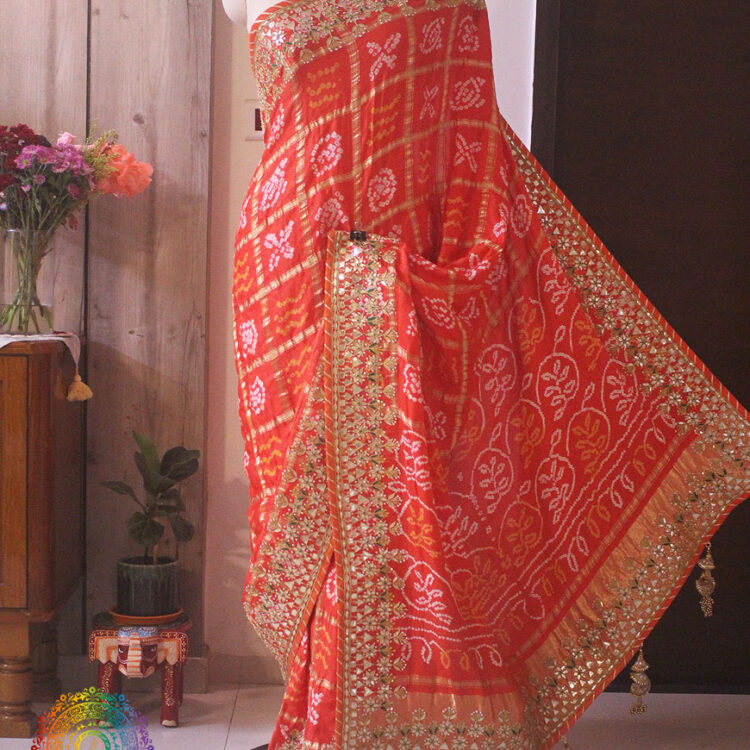 Orange Pure Gaji Silk Bandhani Gota Embroidered Saree