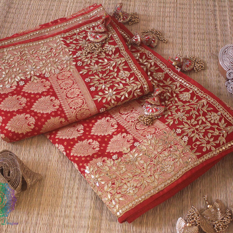 Red Orange Pure Banarasi Georgette Bandhani Gota Embroidered Saree